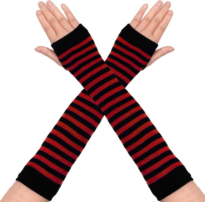 Tongcloud 1 Pair Womens Girls Punk Gothic Striped Knitted Arm Warmers Fingerless Gloves for Halloween Costume - Image 1